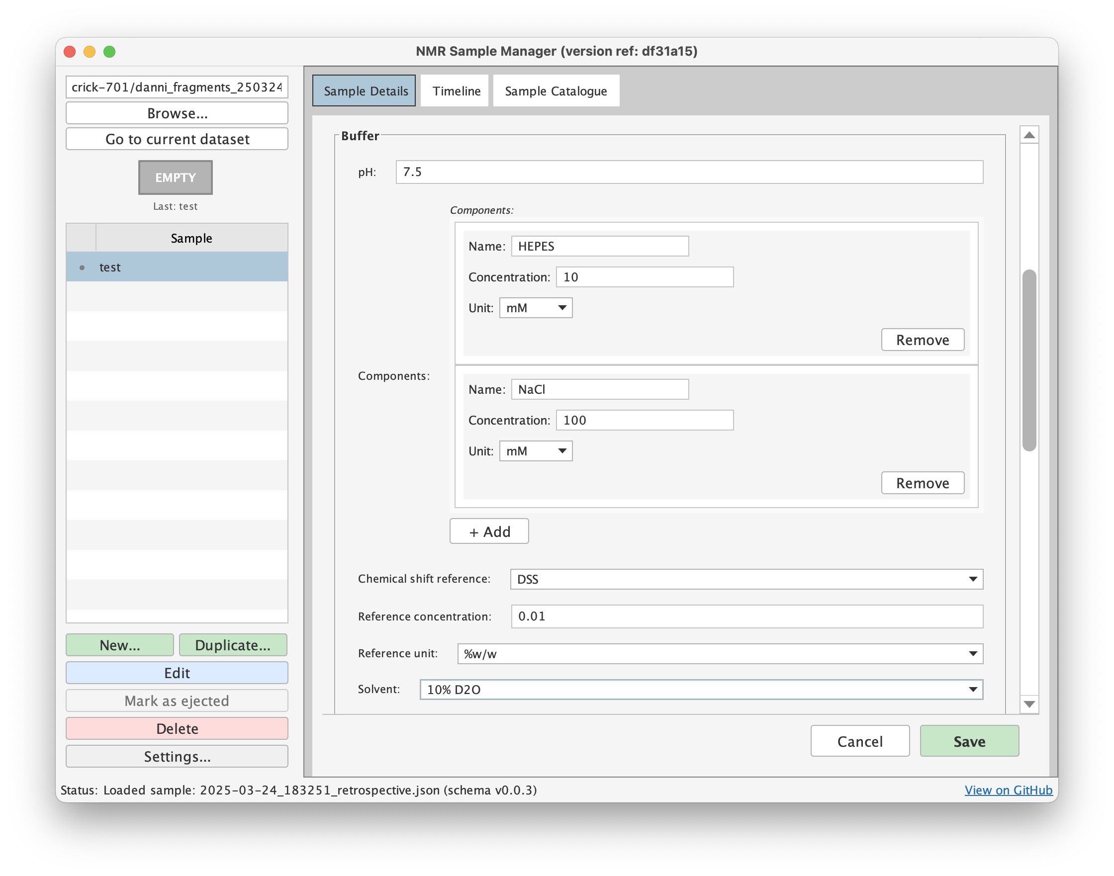 Screenshot of editing sample buffer metadata