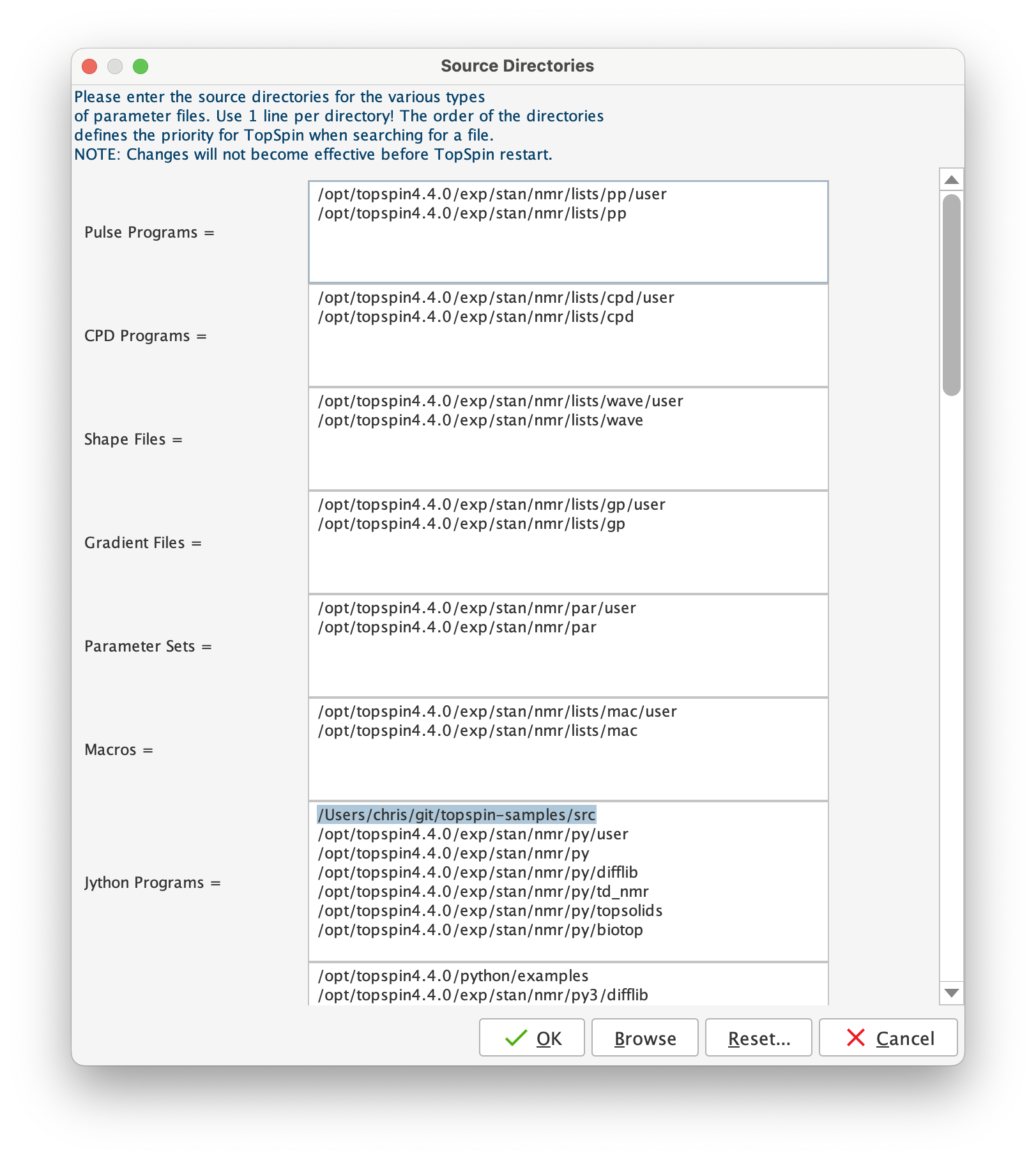 TopSpin setres configuration screenshot